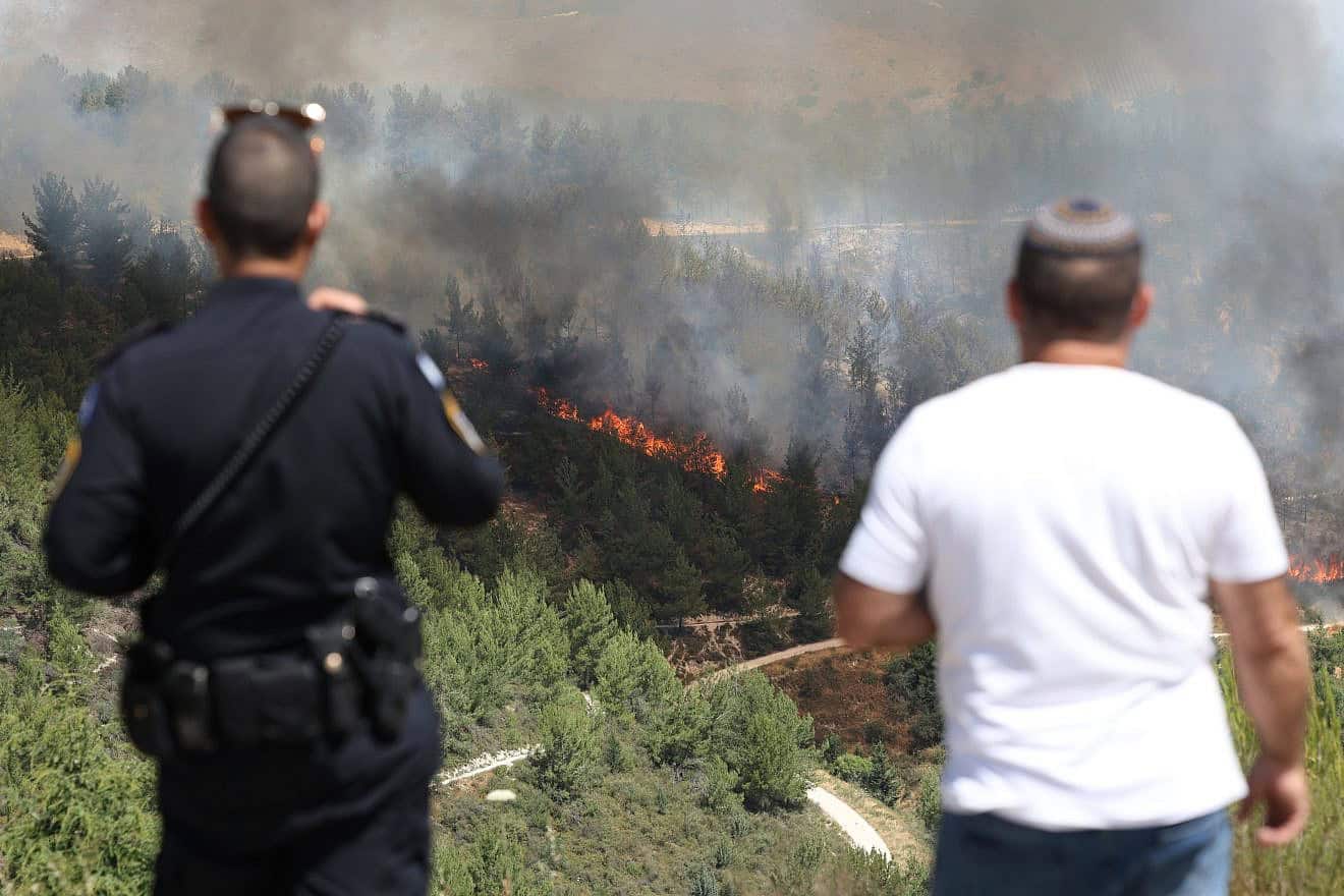 A fire that started from a fragments of a Patriot missile interception at the Biriya Forest in Northern Israel, June 4, 2024. Photo by David Cohen/Flash90.