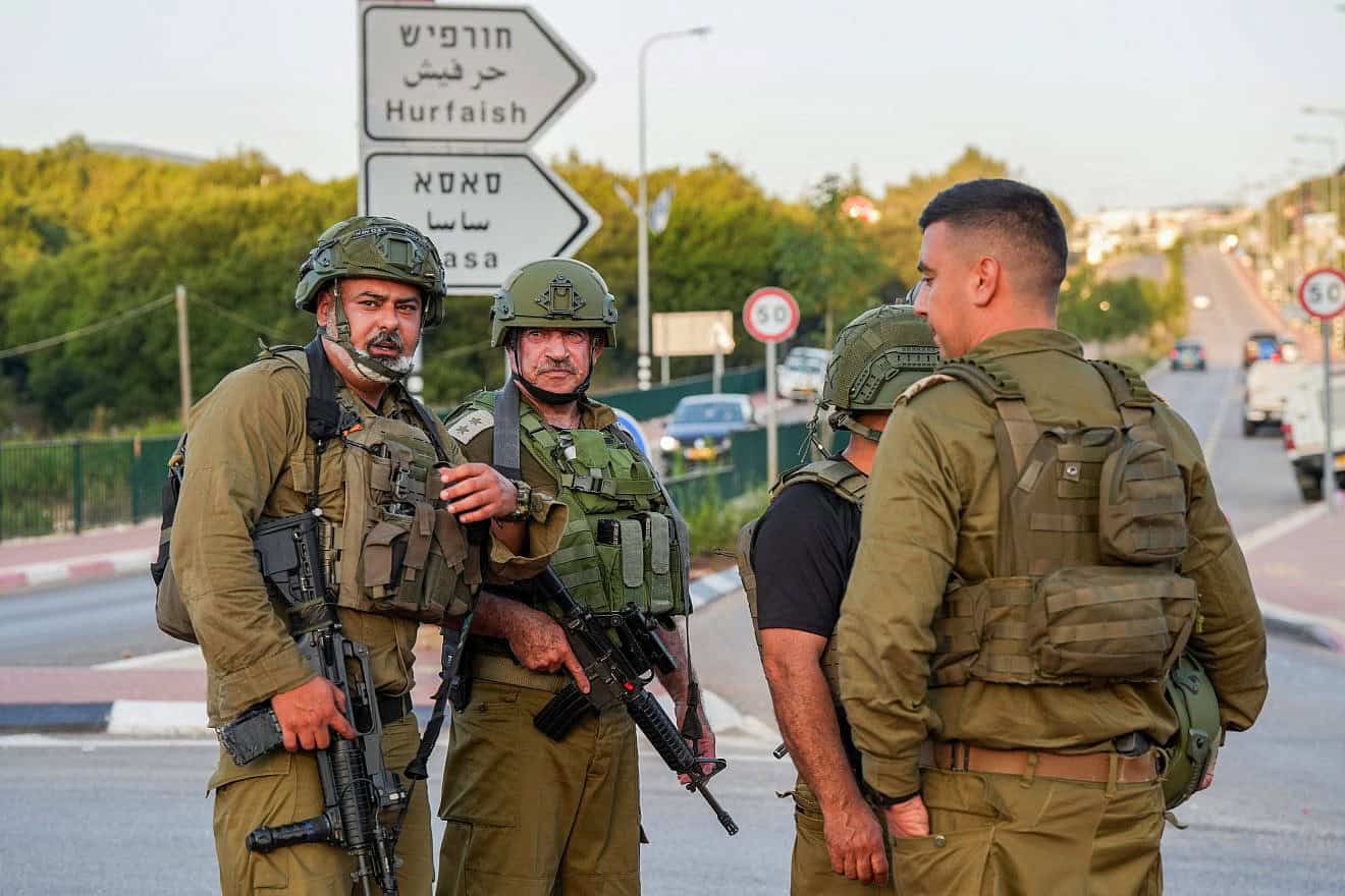 Israeli security forces at the scene of a Hezbollah drone attack in the Druze town of Hurfeish near the border with Lebanon, June 5, 2024. Photo by Ayal Margolin/Flash90.