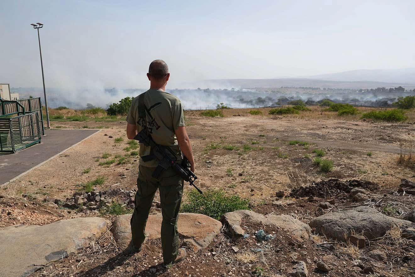 A large fire sparked by missiles launched from Lebanon, in the northern Israeli city of Katzrin, June 13, 2024. Photo by Ayal Margolin/Flash90.