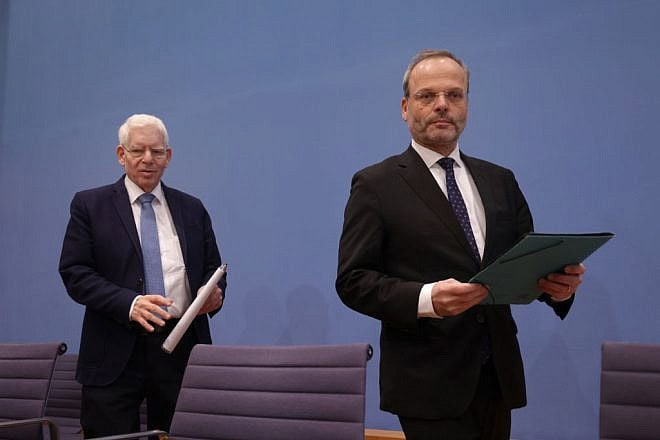 Felix Klein (right), Germany's federal antisemitism commissioner, and Joseph Schuster, president of the country's Central Council of Jews, arrive to speak to the media in Berlin about the rise of antisemitism in Germany since Oct. 7, Jan. 25, 2024. Photo by Sean Gallup/Getty Images.