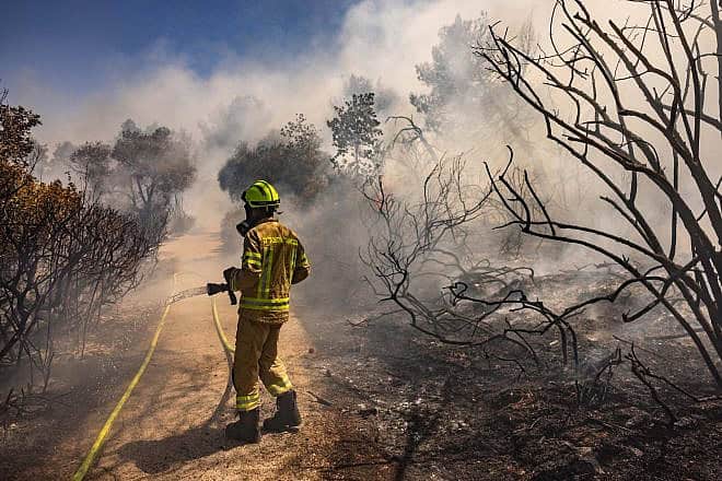 A firefighter tries to extinguish a blaze near the Israel Museum in Jerusalem, June 2, 2024. Photo by Chaim Goldberg/Flash90.