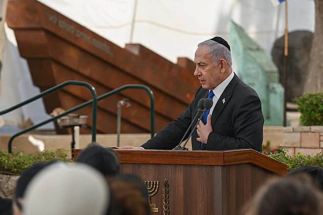 Israeli Prime Minister Benjamin Netanyahu speaks at the memorial ceremony for the fallen fighters and soldiers of the “Altalena” at the Nahalat Yitzhak cemetery outside of Tel Aviv on June 18, 2024. Source: Office of the Prime Minister/X.