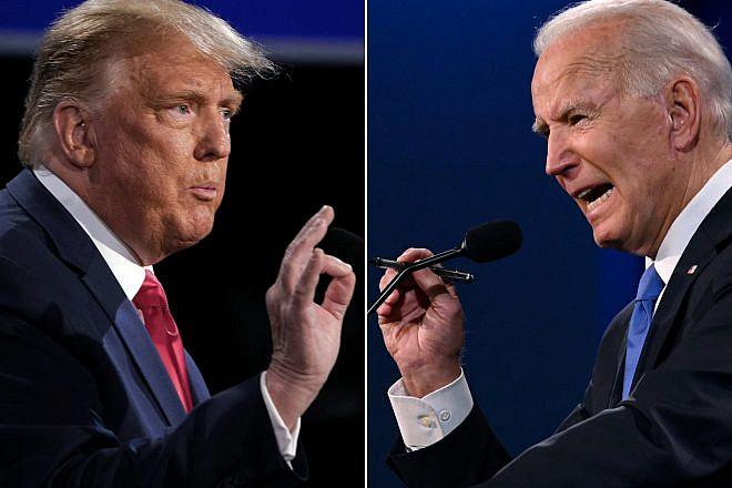 U.S. President Donald Trump, and Democratic presidential candidate and former U.S. Vice President Joe Biden, during the final presidential debate at Belmont University in Nashville, Tenn., on Oct. 22, 2020. Photo by Brendan Smialowski and Jim Watson/AFP via Getty Images.