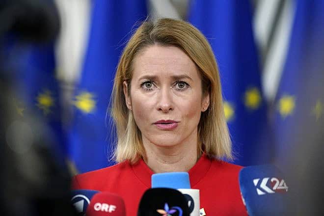 Estonian Prime Minister Kaja Kallas addresses reporters at press corner of E.U. Leaders Summit in Brussels, Belgium, Oct. 27, 2023. Photo by Pier Marco Tacca via Getty Images.