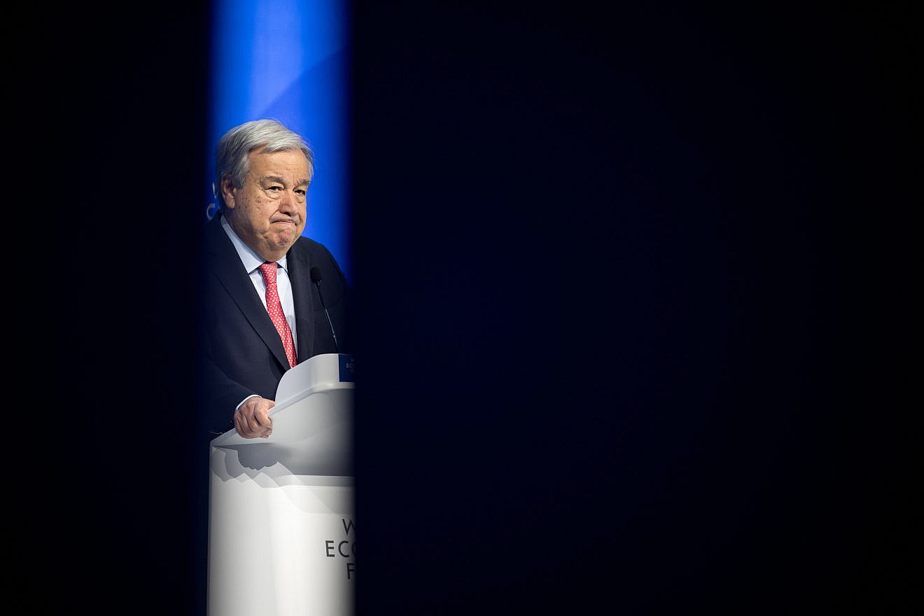 U.N. Secretary-General António Guterres addresses the World Economic Forum in Davos on Jan. 17, 2024. Photo by Fabrice Coffrini/AFP via Getty Images.