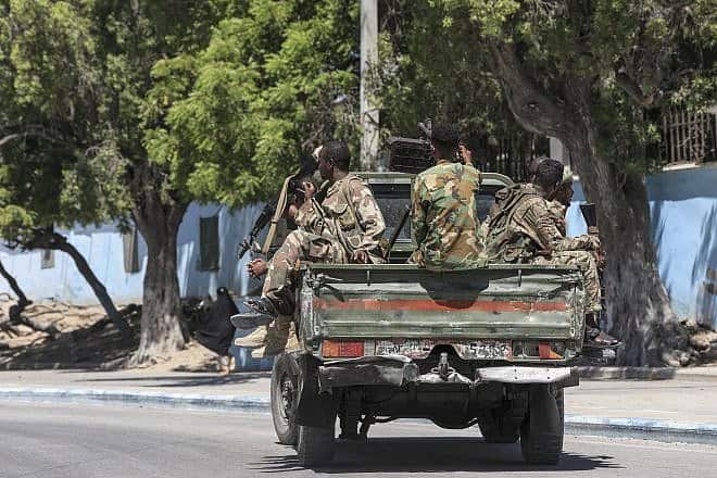 Somalian soldiers near a hotel in Mogadishu on March 15, 2024. Photo by Hassan Ali Elmi/AFP via Getty Images.