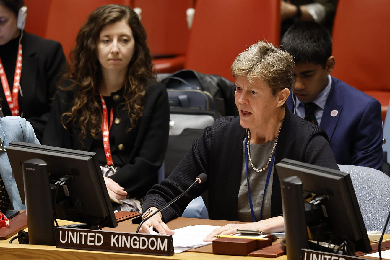 Barbara Woodward, U.K. Ambassador to the United Nations, speaks during a U.N. Security Council meeting on the war in Gaza at U.N. headquarters in New York, May 13, 2024. Photo by Michael M. Santiago/Getty Images.
