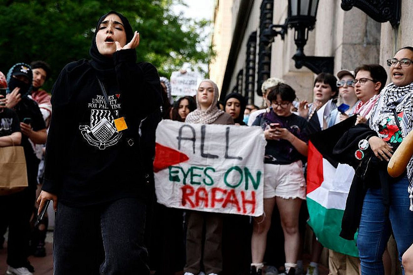 A woman chants slogans during an anti-Israel demonstration near Columbia University in New York City on May 23, 2024. Photo by John Lamparski/Getty Images.