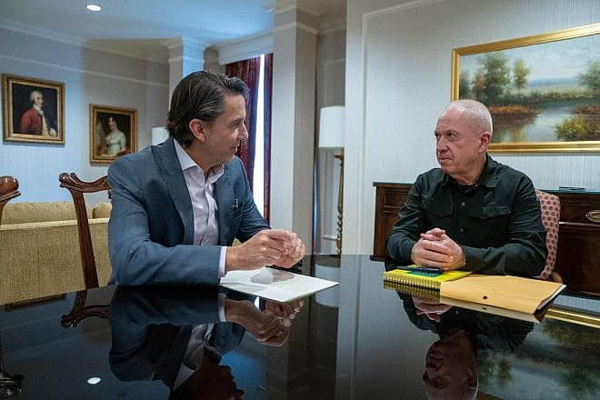 U.S. presidential adviser Amos Hochstein (left) and Israeli Defense Minister Yoav Gallant in Washington, June 24, 2024. Photo by Ariel Hermoni/IMoD.