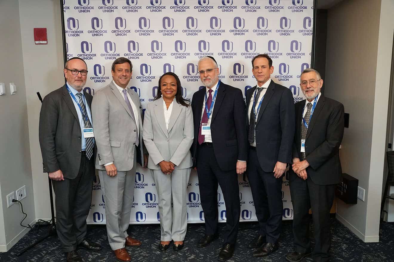 (From left) OU president Mitchel Aeder; OU Advocacy Center executive director of Public Policy Nathan Diament; U.S. Assistant Attorney General Kristen Clarke; OU executive vice president Rabbi Moshe Hauer; OU executive vice president and COO Rabbi Dr. Josh Joseph, and OU Kosher CEO Rabbi Menachem Genack. Credit: Courtesy.