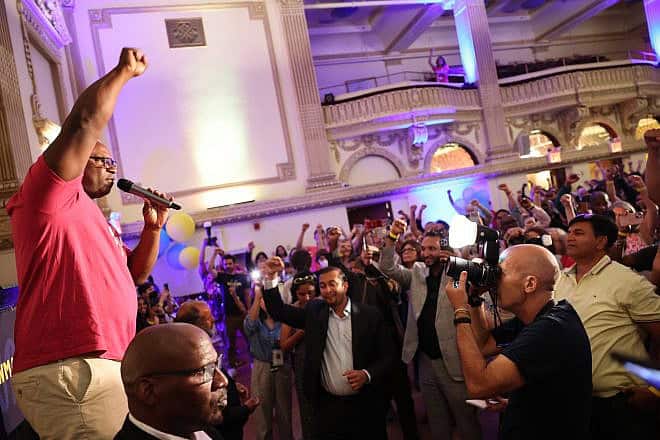 The crowd at U.S. Rep. Jamaal Bowman (D-N.Y.) speaks during his Election Night party at the Grand Roosevelt Ballroom in New York City on June 25, 2024. Photo by Michael M. Santiago/Getty Images.