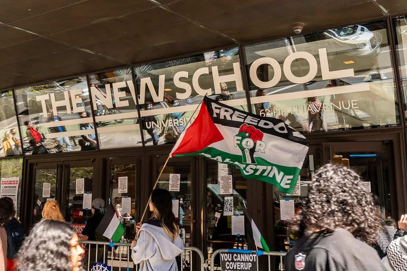 Anti-Israel activists rally outside the New School in Manhattan, April 25, 2024. Credit: rblfmr/Shutterstock.