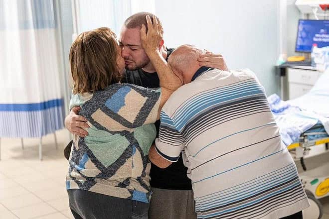 Rescued hostage Almog Meir Jan is reunited with his family at Sheba Medical Center in Ramat Gan, June 8, 2024. Credit: GPO.
