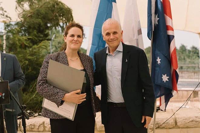 Boston University professor Maya Steinitz is honored by Hebrew University of Jerusalem during the Board of Governors meeting. She is shown here with Hebrew University president and professor Asher Cohen. Photo by Maxim Dinshtein.