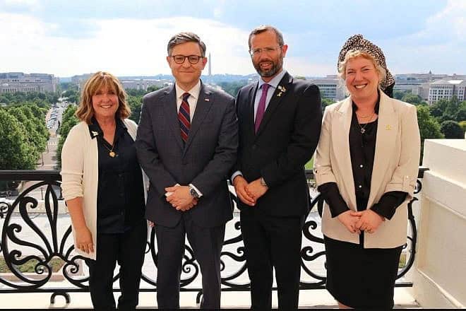 From left: Binyamin government relations adviser Ruthie Lieberman, U.S. House Speaker Mike Johnson, Yesha Council chairman Israel Ganz and Binyamin's foreign desk member Eliana Passentin in Washington, June 4, 2024. Credit: Yesha Council.