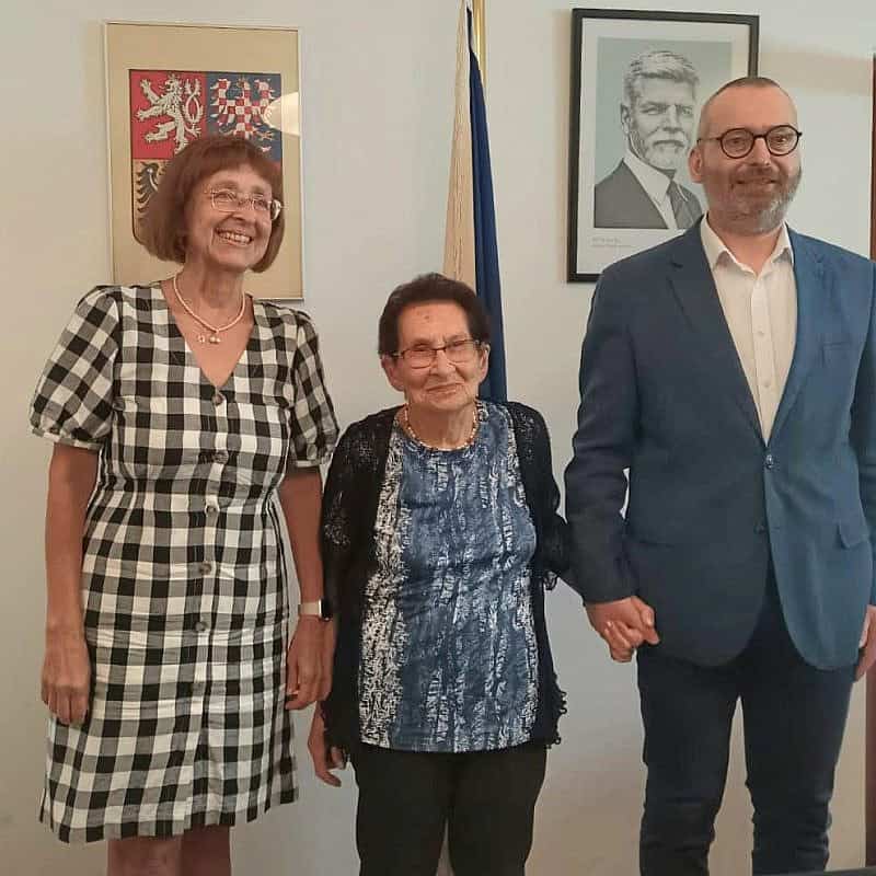 From left: Czech Ambassador to Israel Veronika Kuchyňová Šmigolová, Holocaust survivor Ester Ringel and Jan Roubinek, director of the Terezin Memorial attend an event at the Czech embassy in Tel Aviv, June 2024. Credit: Courtesy.