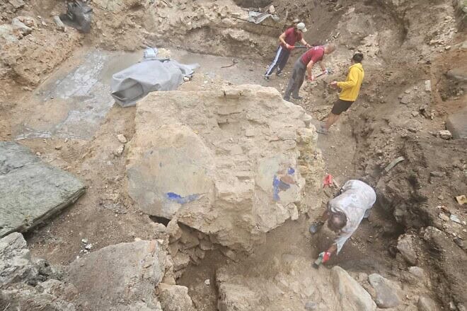Colored fragments of wall uncovered during excavation of the Great Synagogue of Vilna in Lithuania testify to the building's once-beautiful decorations, according to the Israel Antiquities Authority. Credit: Israel Antiquities Authority.