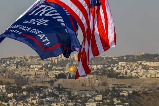 Israeli supporters of Donald Trump wave flags in Jerusalem to support his candidacy for the presidential election, Oct. 27, 2020. Photo by Olivier Fitoussi/Flash90.