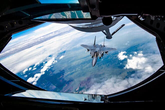 An F-15E Strike Eagle with the 4th Fighter Wing approaches a KC-135 Stratotanker from the 121st Air Refueling Wing to be refueled over the skies of North Carolina, May 7, 2024. F-15s are reportedly one of the weapons systems the Biden administration is withholding from Israel. Photo by Senior Airman Ivy Thomas/US Air Force.