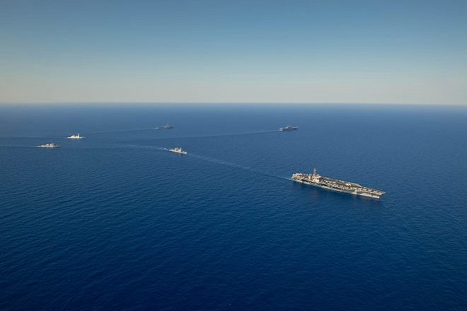 The “USS Dwight D. Eisenhower” Carrier Strike Group steams in formation with the Wasp Amphibious Ready Group and the Royal Navy Daring-class air-defense destroyer “HMS Duncan” in the Mediterranean Sea, June 30, 2024. Credit: Mass Communication Specialist 2nd Class Merissa Daley/U.S. Navy Photo.