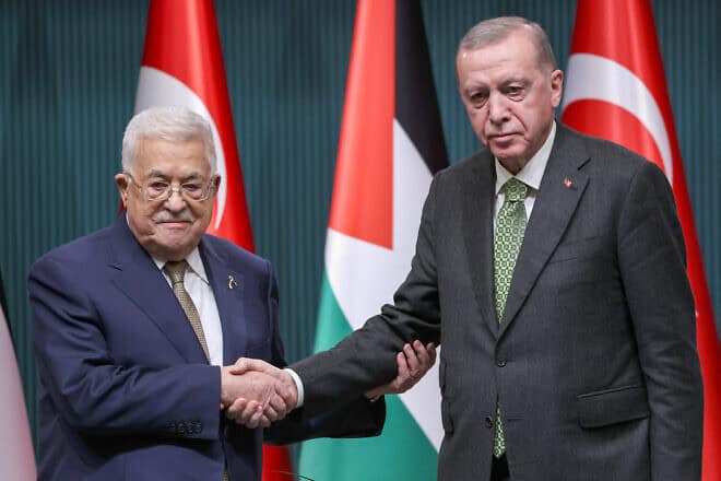 Palestinian Authority leader Mahmud Abbas meets with Turkish President Recep Tayyip Erdoğan in Ankara, March 5, 2024. Photo by Adem Altan/AFP via Getty Images.