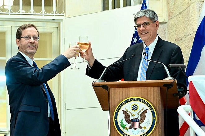 U.S. Ambassador to Israel Jack Lew raises a glass for U.S. Independence Day with Isaac Herzog, the president of Israel, on July 3, 2024. Credit: U.S. State Department.