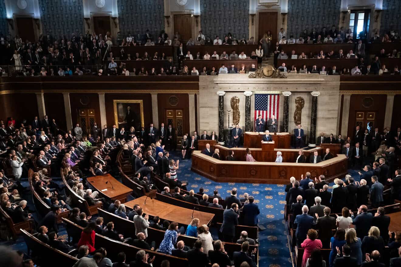 Israeli Prime Minister Benjamin Netanyahu delivers an address to a joint session of Congress in Washington, D.C, July 24, 2024. Photo by Allison Bailey/Middle East Images/AFP via Getty Images.