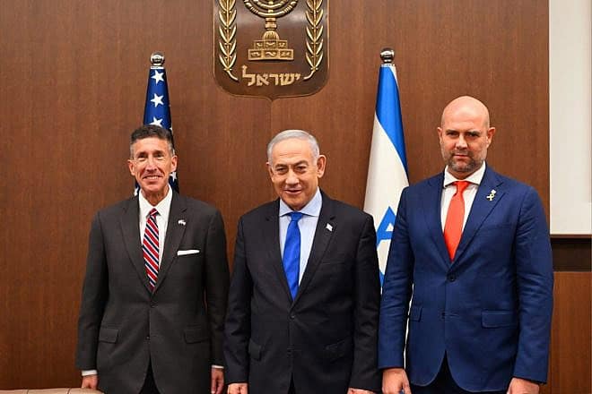 Rep. David Kustoff (left), Prime Minister Benjamin Netanyahu and Knesset Speaker Amir Ohana at the Prime Minister's Office in Jerusalem, July 3, 2024. Photo by Haim Zach/GPO.