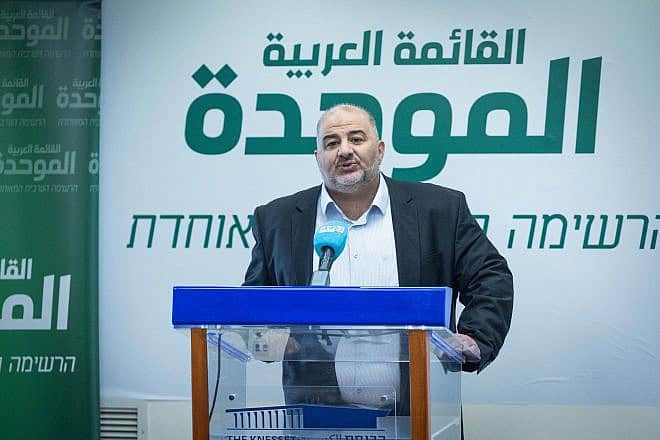 Ra'am Party leader Mansour Abbas leads a faction meeting at the Knesset, Feb. 19, 2024. Photo by Yonatan Sindel/Flash90.
