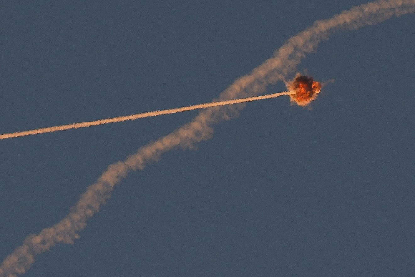 Israel's air-defense systems fire interception missiles at Hezbollah rockets from Lebanon near Safed, June 27, 2024. Photo by Ayal Margolin/Flash90.