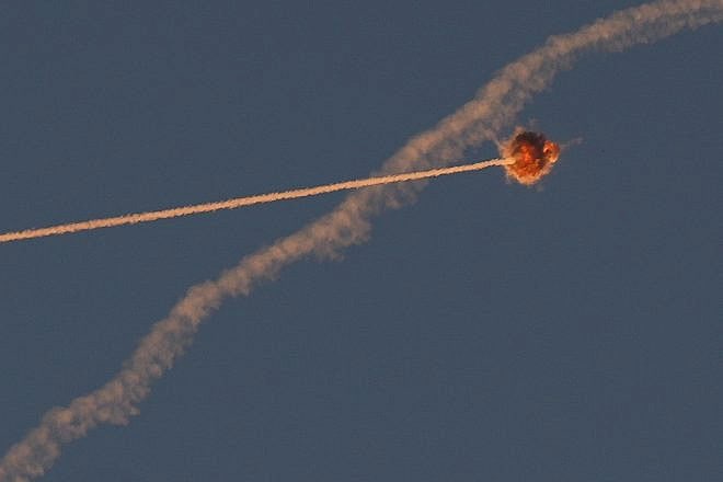 Israel's air-defense systems fire interception missiles at Hezbollah rockets from Lebanon near Safed, June 27, 2024. Photo by Ayal Margolin/Flash90.