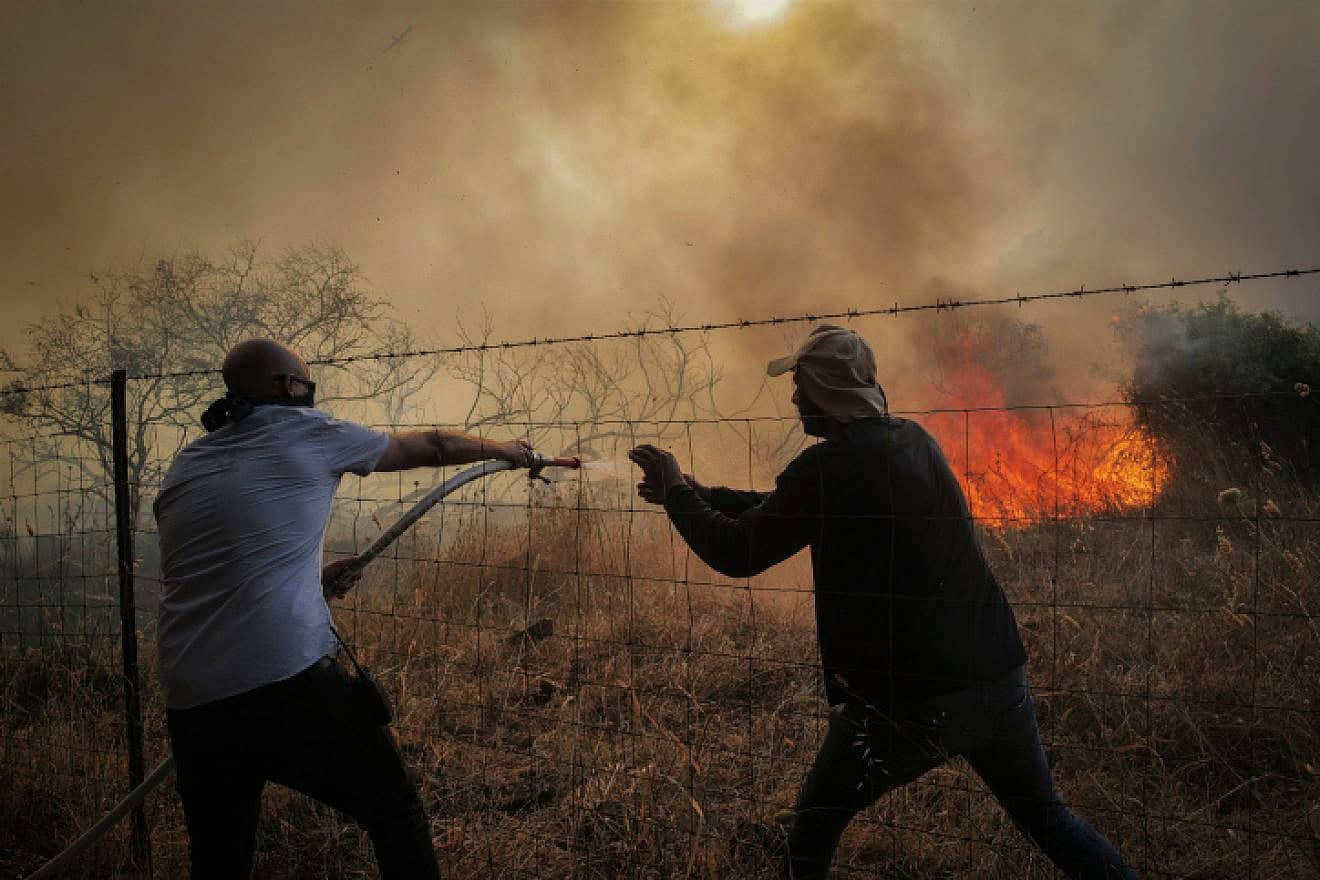 Fires sparked by rocket and drone attacks from Hezbollah, based in Southern Lebanon, in Israel's Golan Heights, July 4, 2024. Photo by Michael Giladi/Flash90.