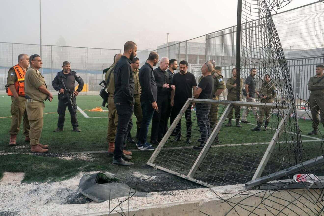 Israeli Defense Minister Yoav Gallant visits the scene of a deadly Hezbollah rocket attack in Majdal Shams, Israel, July 28, 2024. Photo by Ariel Hermoni/Defense Ministry.