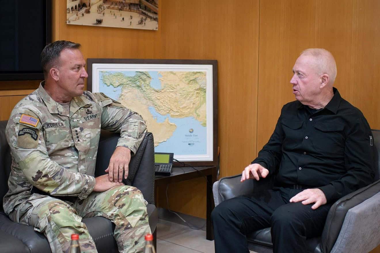 Defense Minister Yoav Gallant (right) meets in Tel Aviv with U.S. CENTCOM head Gen. Michael Erik Kurilla on July 16, 2024. Photo by Shachar Yurman.