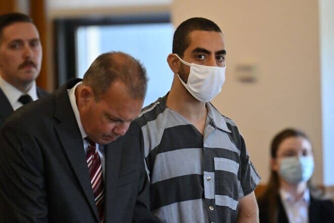 Hadi Matar, the man accused in the attempted murder of British author Salman Rushdie, appears in court for a procedural hearing at Chautauqua County Courthouse in Mayville, N.Y., on Aug. 18, 2022. Photo by Angela Weiss/AFP via Getty Images.