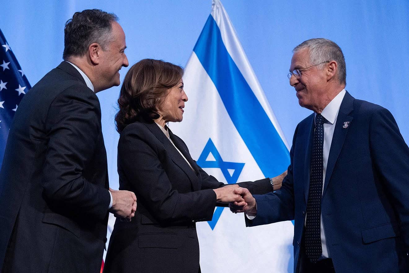 U.S. Vice President Kamala Harris shakes hands with Israeli Ambassador to the United States Michael Herzog at Israel's Independence Day event at the National Building Museum in Washington, D.C., on June 6, 2023. Photo by Saul Loeb/AFP via Getty Images.