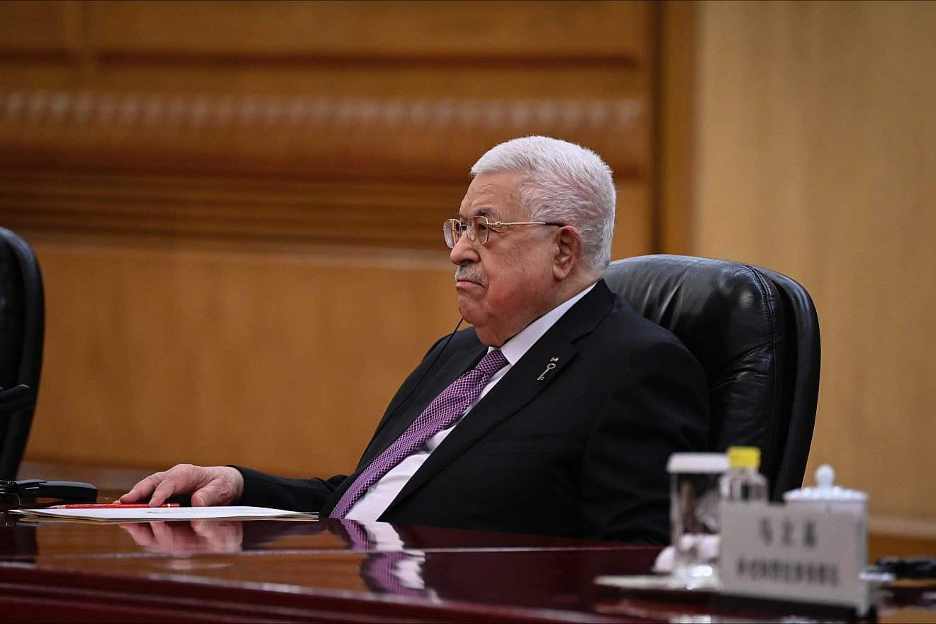 Palestinian Authority leader Mahmoud Abbas attends a meeting with China's President Xi Jinping (not pictured) at the Great Hall of the People in Beijing, China, on June 14, 2023. Photo by Pool/Getty Images.