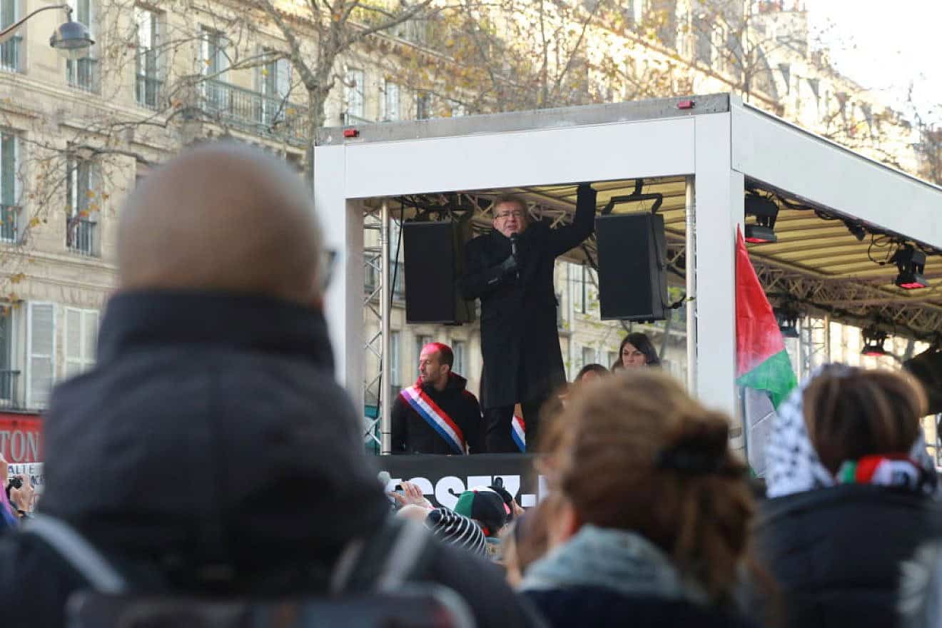 Left-wing French politician Jean-Luc Mélenchon speaks at an anti-Israel demonstration in Paris on Dec. 2, 2023 in Paris, France. Credit: Owen Franken-Corbis/Getty Images.