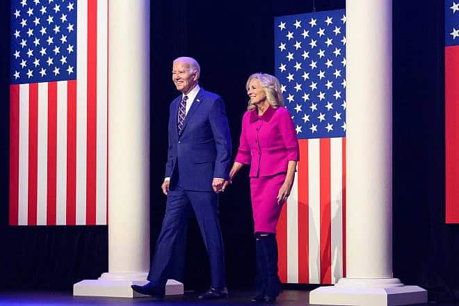 U.S. President Joe Biden arrives with First Lady Jill Biden at an event kickstarting his 2024 reelection campaign at Montgomery County Community College in Blue Bell, Pennsylvania, on Jan. 5, 2024. Credit: Mandel Ngan / AFP via Getty Images.