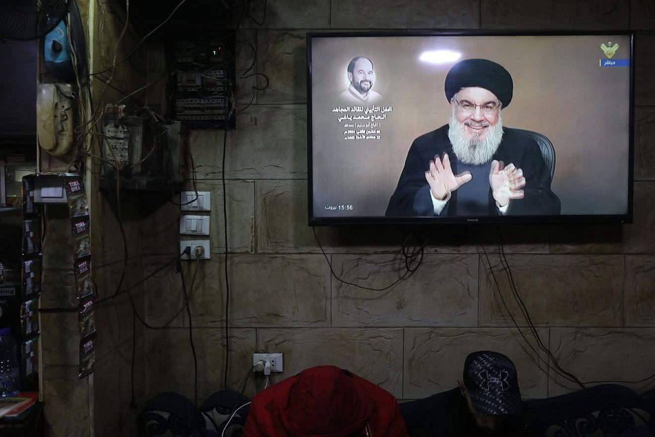 A television in Beirut, Lebanon transmits a speech by Hezbollah leader Hassan Nasrallah, Jan. 5, 2024. Credit: Marwan Tahtah/Getty Images.