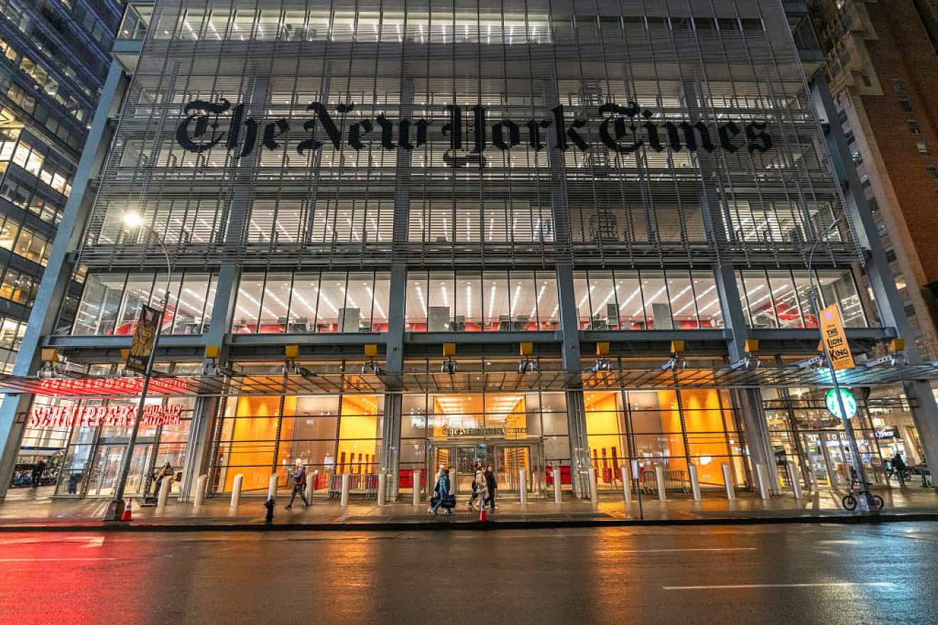 The front of “The New York Times” building on Eighth Avenue in Midtown Manhattan during a rainy night on Jan. 24, 2024. Credit: Craig T. Fruchtman/Getty Images.