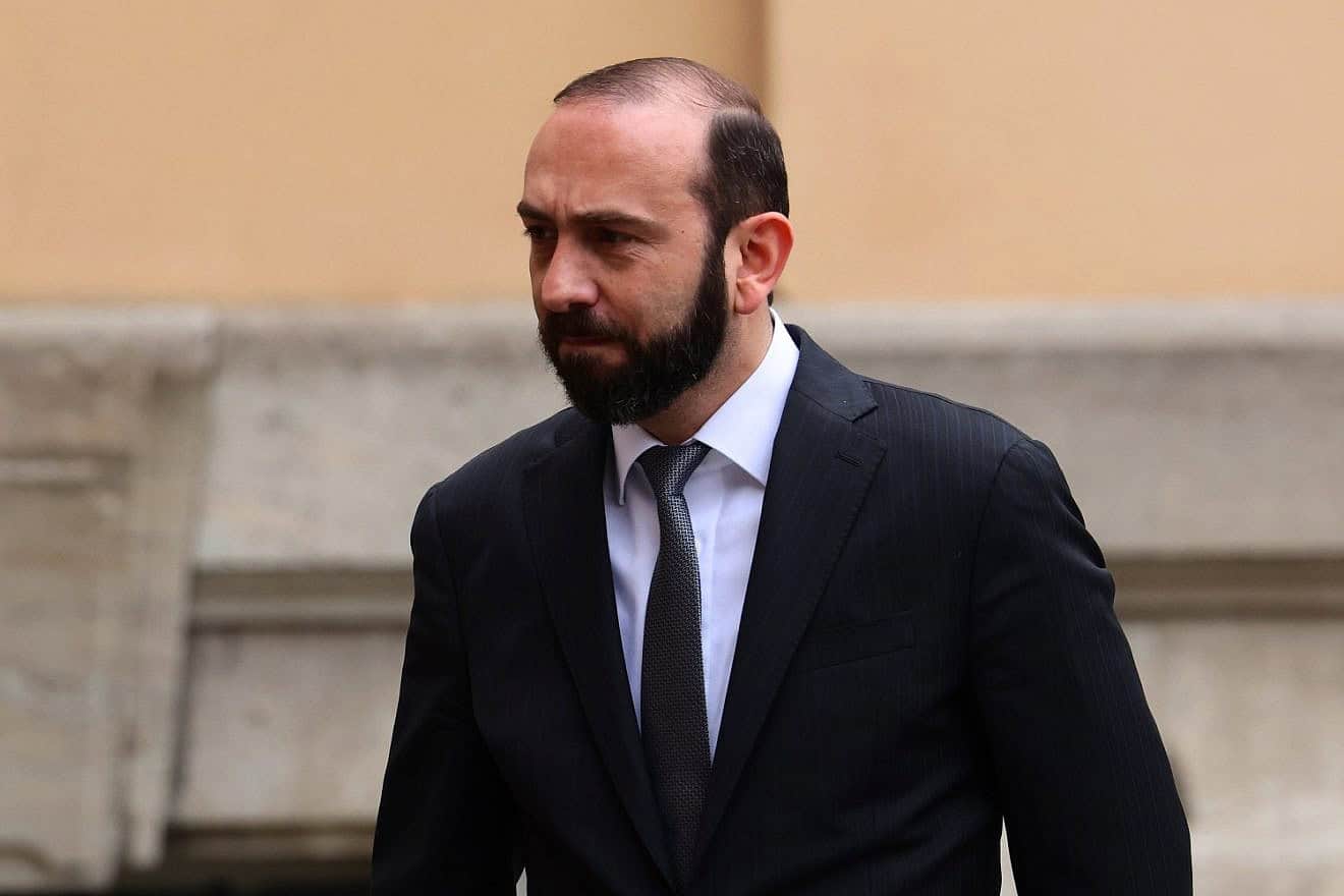 Armenian Foreign Minister Ararat Mirzoyan at Villa Borsig on the first day of peace talks between Armenia and Azerbaijan in Berlin on Feb. 28, 2024. Credit: Sean Gallup/Getty Images.