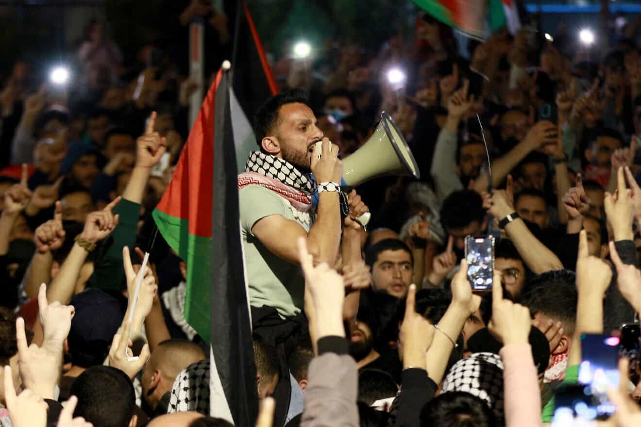 Jordanians chant slogans during a demonstration near the Embassy of Israel in Amman in support of Palestinians amid ongoing battles between Israel and Hamas group in the Gaza Strip on March 28, 2024. Photo by Khalil Mazraawi/AFP via Getty Images.