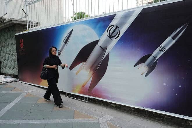 Banners outside a government-affiliated building in Tehran depicting the Islamic Revolutionary Guard Corps missile strike at Israel on April 17, 2024. Photo by Kaveh Kazemi/Getty Images.