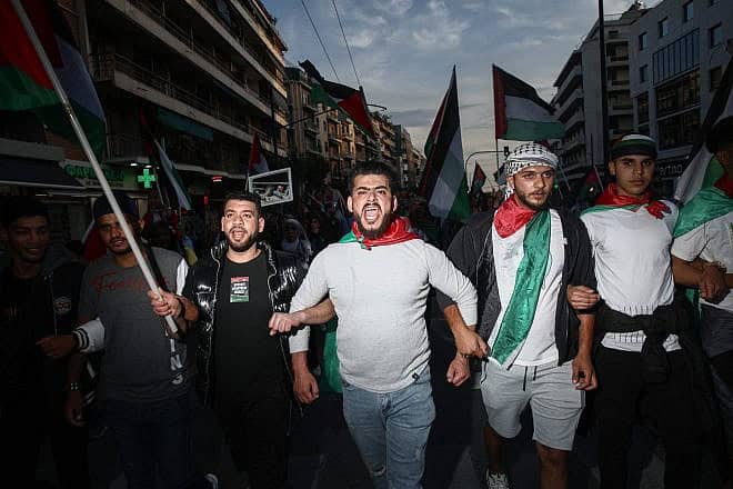 A solidarity rally for the Palestinian people in Athens, Greece on May 15, 2024. Photo by Dimitris Kapantais/SOOC via AFP/AFP via Getty Images.