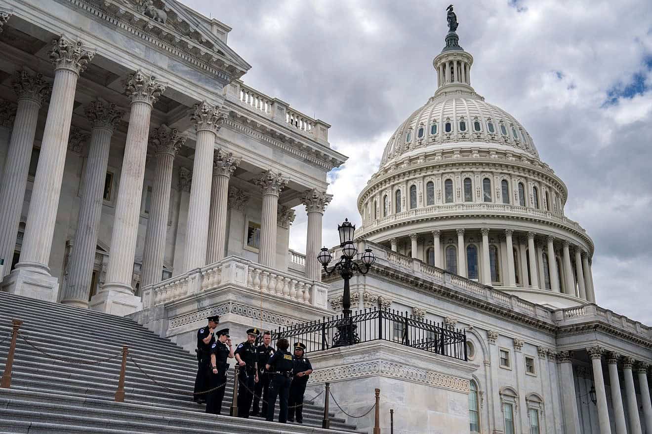 Capitol Police officers gather at the U.S. House of Representatives ahead of a protest by congressional aides advocating for a ceasefire in Israel's war against Hamas, May 16, 2024. Photo by Kent Nishimura/Getty Images.