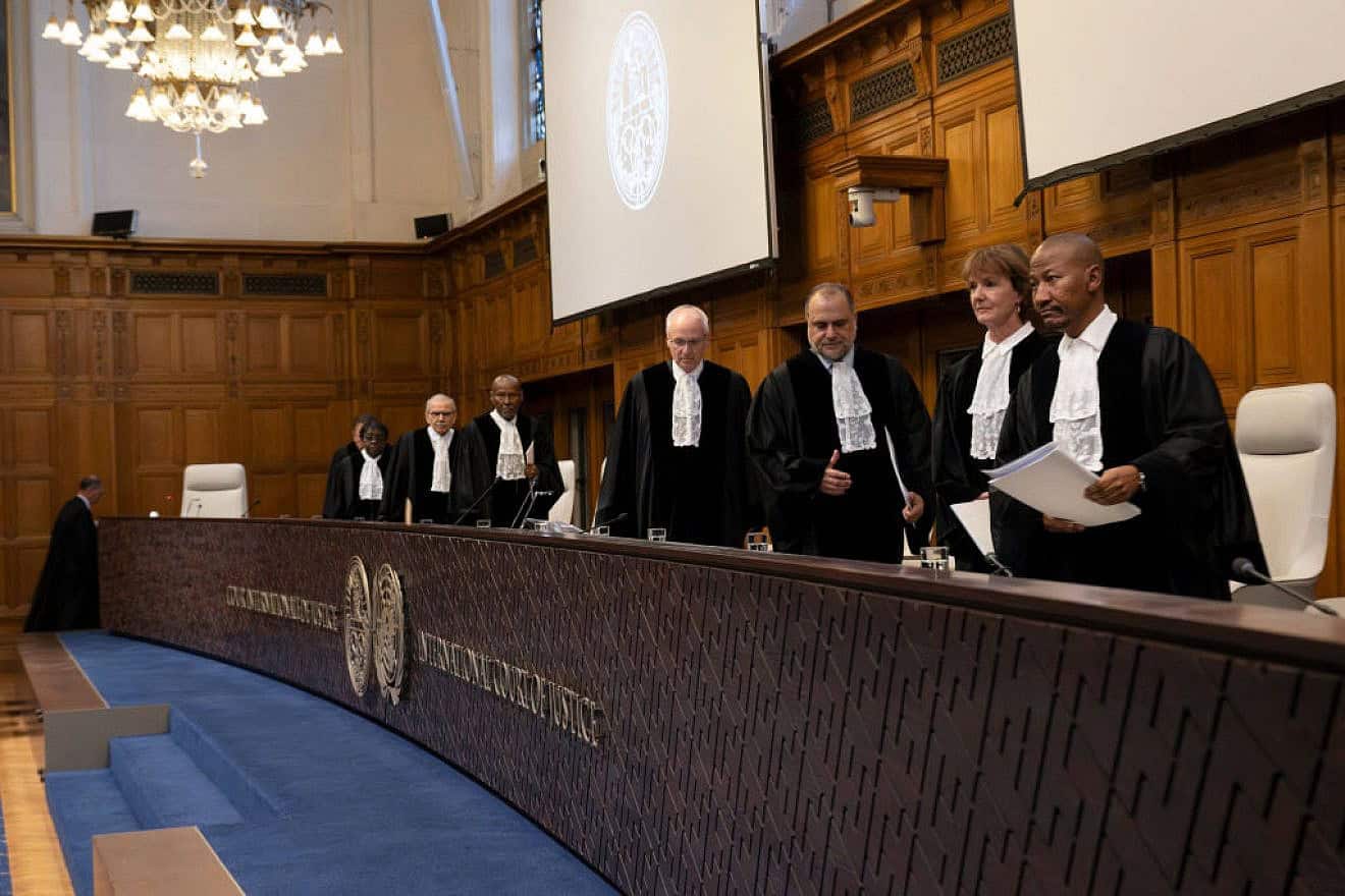 Magistrates arrive at the International Court of Justice (ICJ) to hear South Africa's request on a Gaza ceasefire in The Hague on May 24, 2024. Credit: Nick Gammon / AFP via Getty Images.