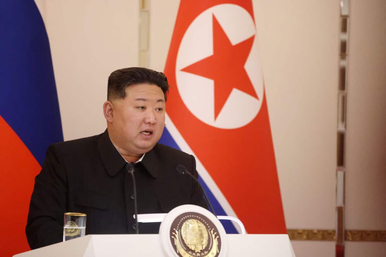 North Korean Supreme Leader Kim Jong-un speaks during a press confernce in Pyongyang, North Korea on June 19, 2024. Photo by Getty Images.