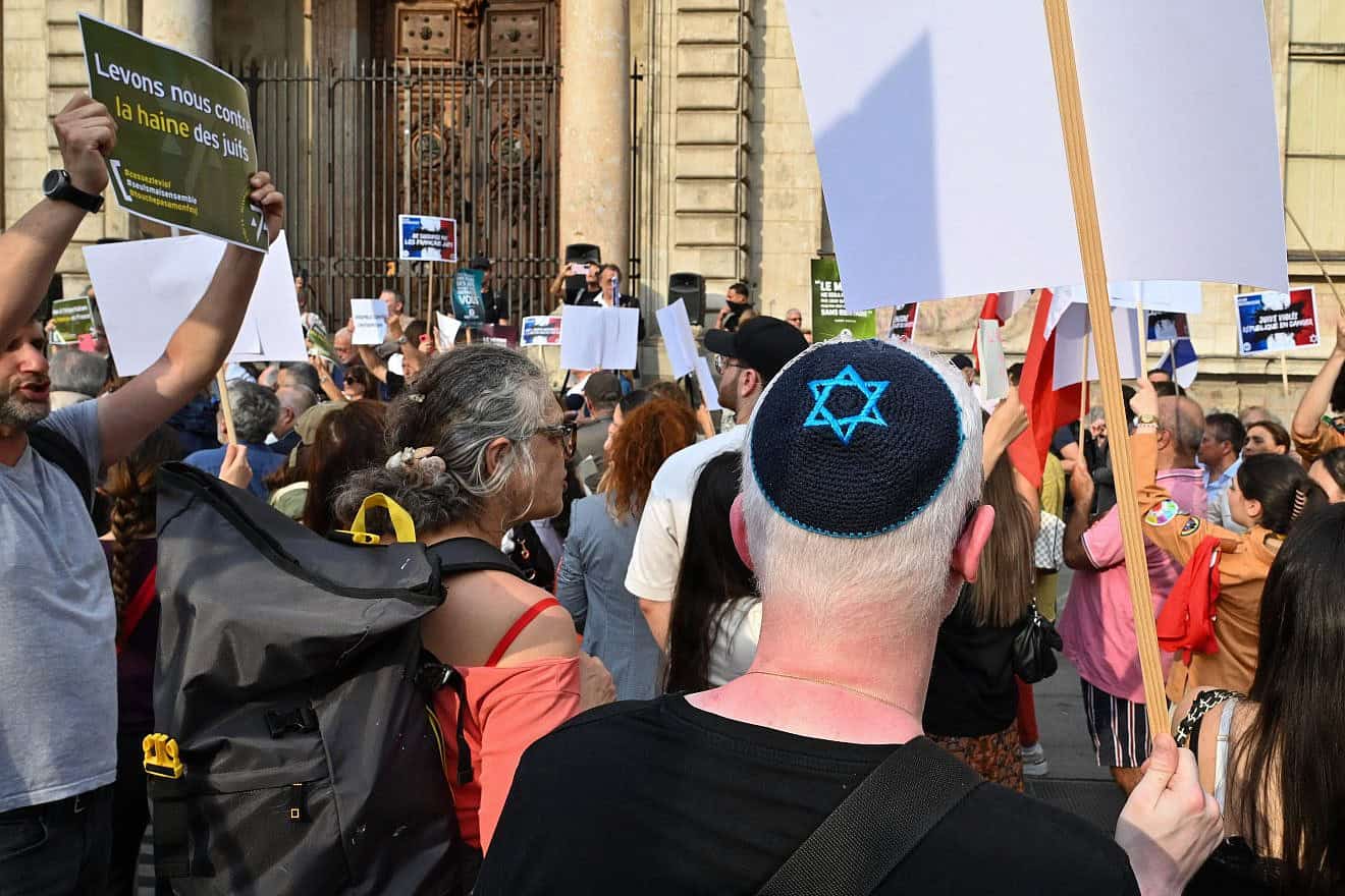 People attend a demonstration against antisemitism in Lyon, France, June 25, 2024. Photo by Matthieu Delaty/Hans Lucas/AFP via Getty Images.