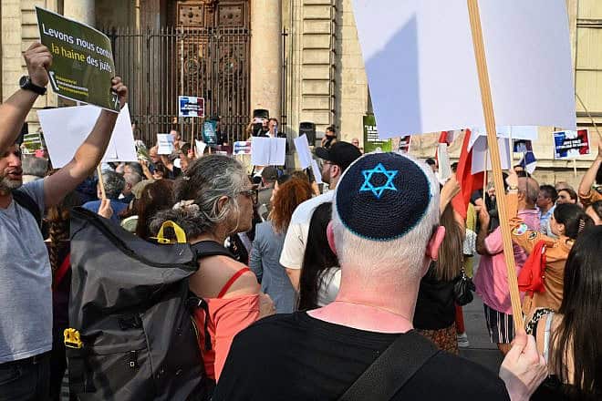 People attend a demonstration against antisemitism in Lyon, France, June 25, 2024. Photo by Matthieu Delaty/Hans Lucas/AFP via Getty Images.